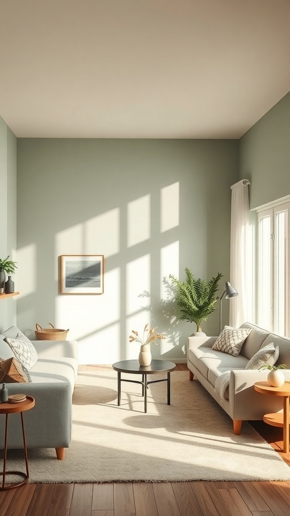 A calming living room painted in soft sage green with gray sofas, a round coffee table, and natural light.
