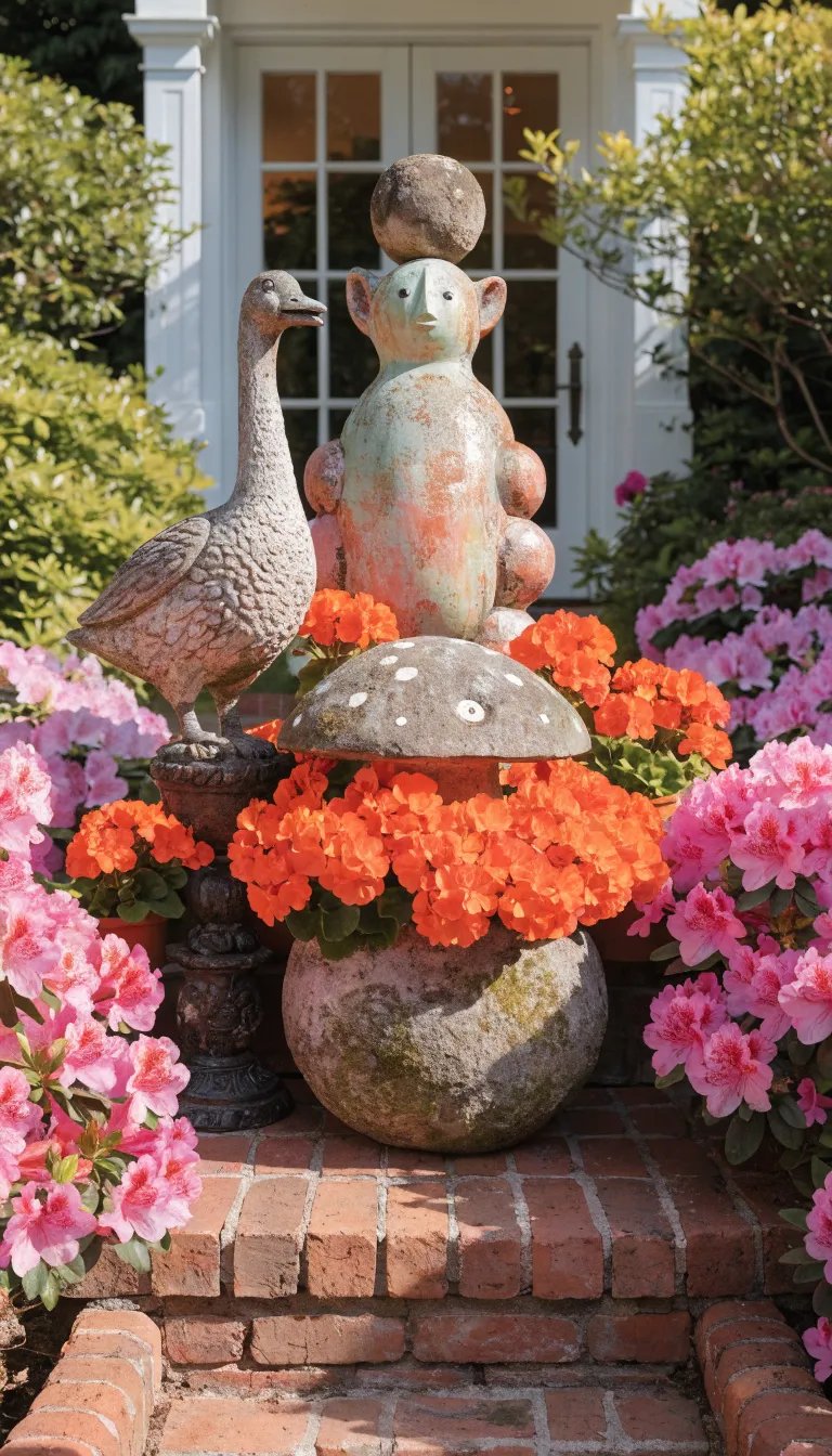 Whimsical garden statue, bird statue, and vibrant flowers on a front porch.