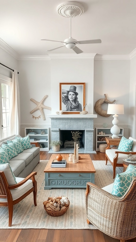 A coastal-inspired living room featuring blue accents and natural textures