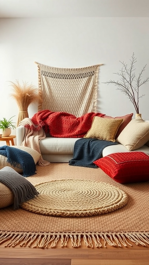 Cozy living room with layered textiles, colorful throw pillows, and a woven rug.
