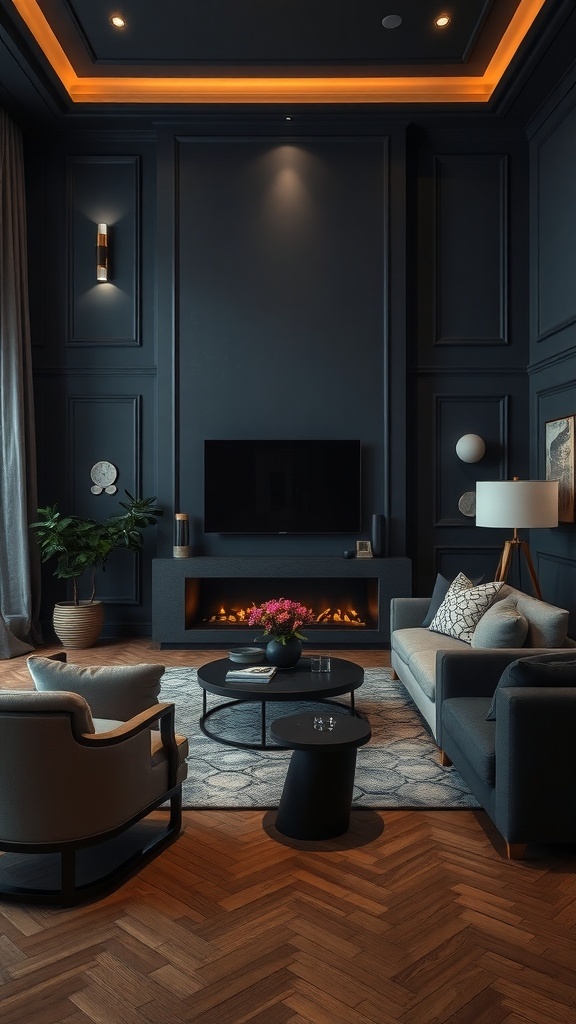 Stylish living room with deep charcoal walls, modern furniture, and warm lighting