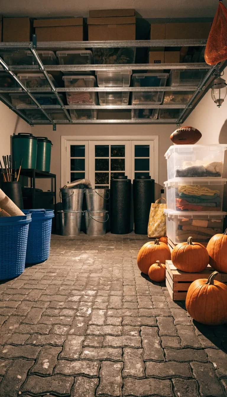 A well-organized garage with overhead storage racks, showcasing boxes and containers.