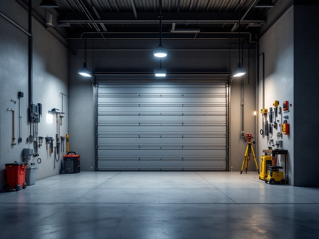A modern garage interior with organized tools and smart lighting