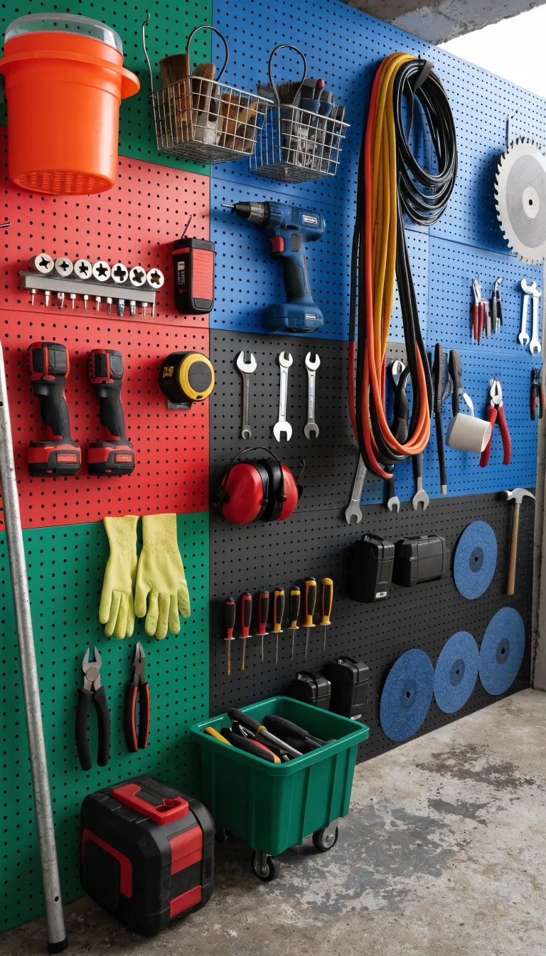 Colorful pegboard wall with various tools and storage solutions