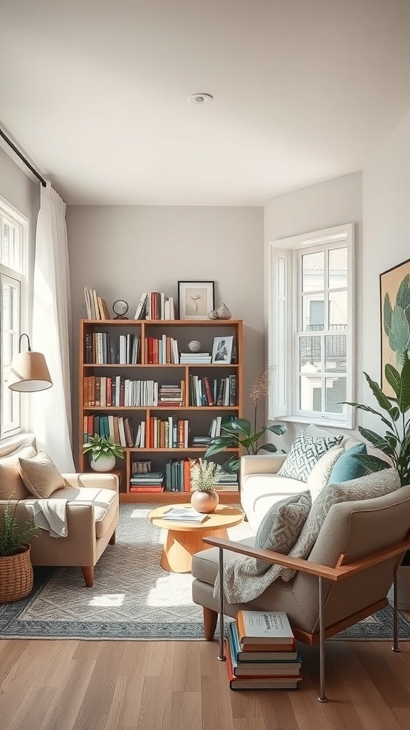 A cozy reading nook with natural light, featuring soft furniture, bookshelves, and houseplants.