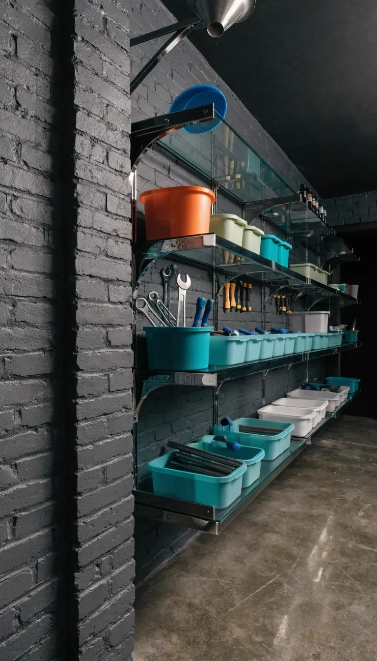 A modern wall-mounted shelving unit in a garage displaying various tools and colorful storage bins.