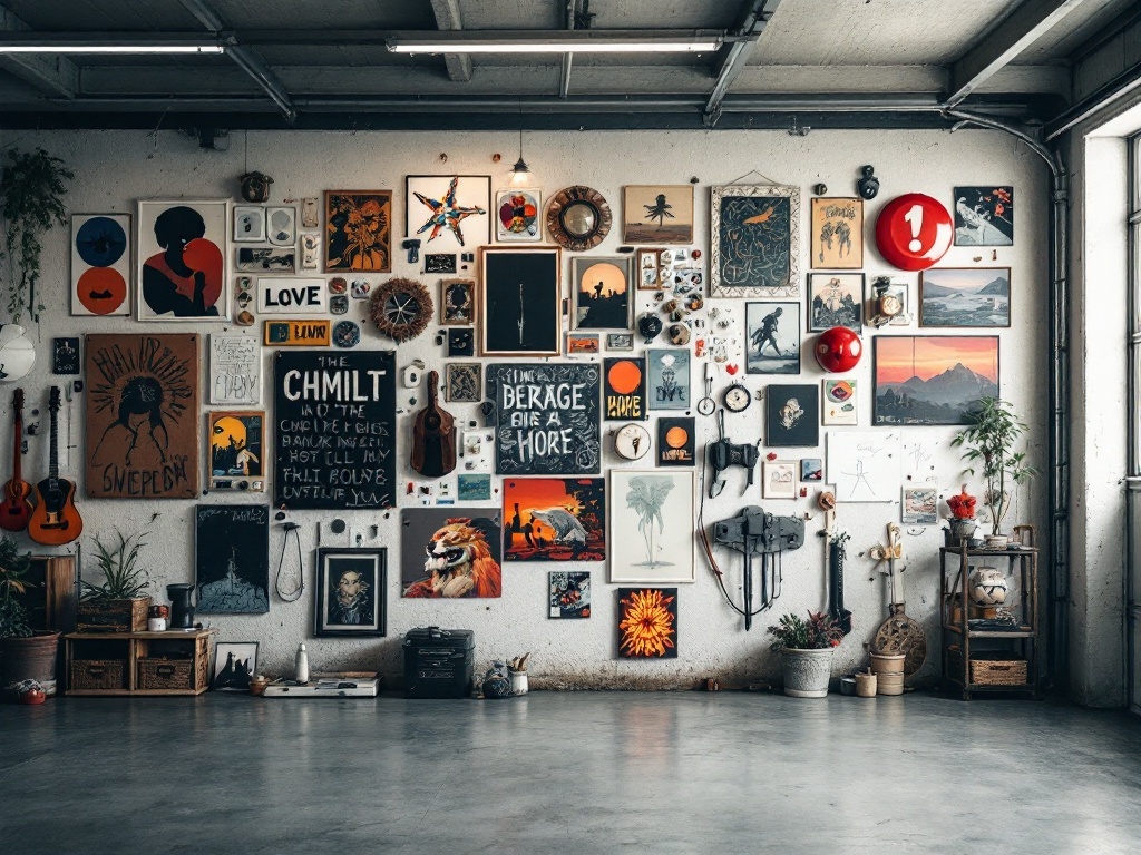A creative wall art display in a modern garage, featuring various artworks, guitars, and plants.