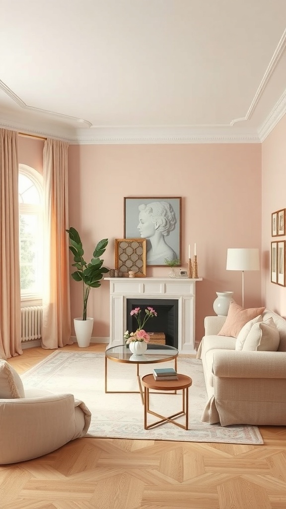 A cozy living room featuring muted blush pink walls, light-colored furniture, and a touch of greenery.
