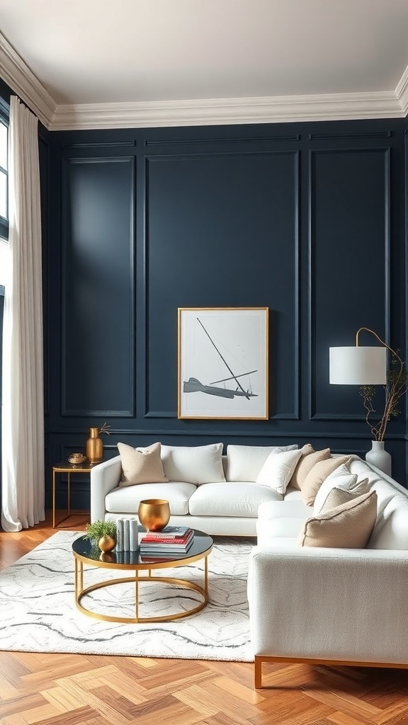Elegant living room with bold navy blue walls, white furniture, and gold accents.