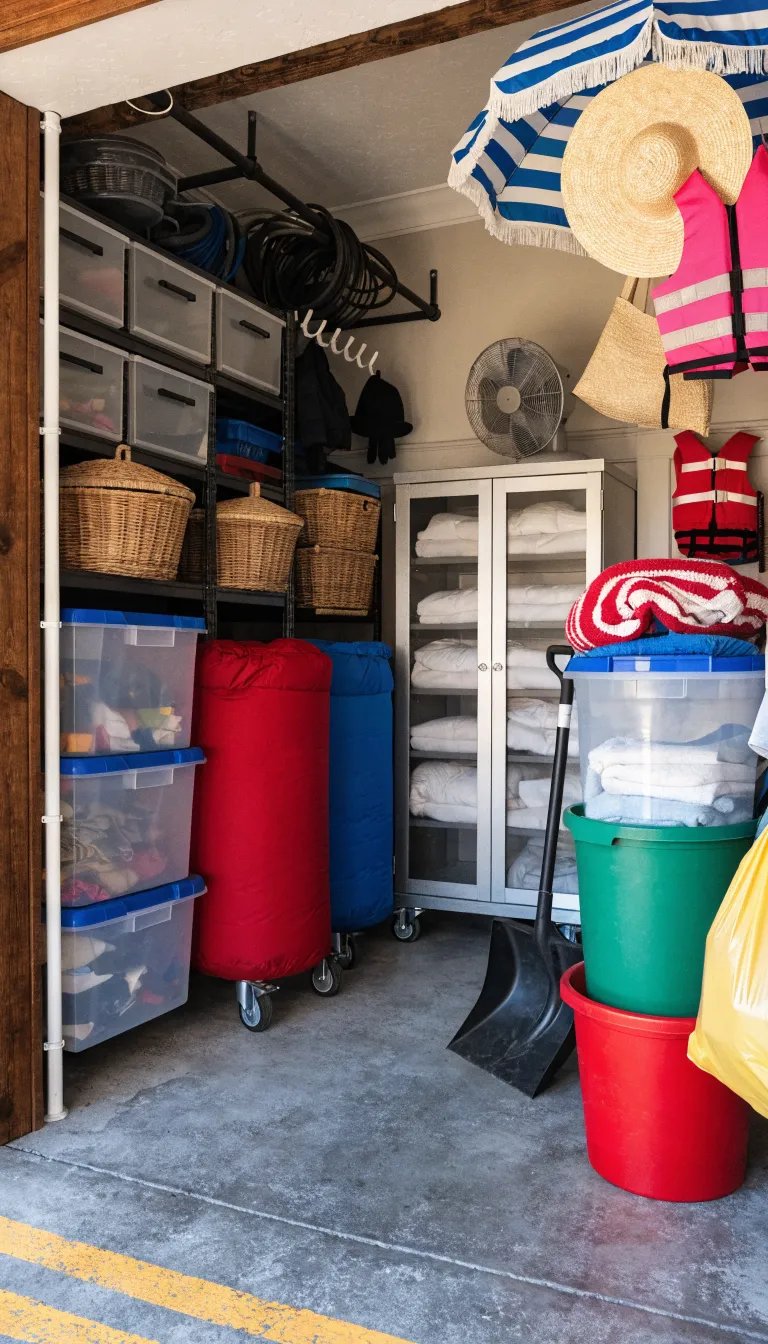 Organized garage with colorful bins and shelves, showcasing seasonal item rotation