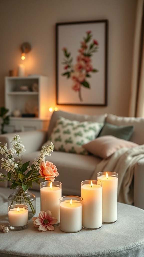 A cozy living room with glowing candles and fresh flowers, creating a refreshing summer atmosphere.