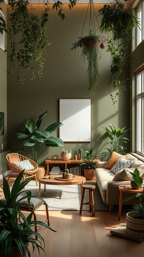 A cozy living room featuring earthy olive green walls, adorned with hanging plants and warm wooden furniture.