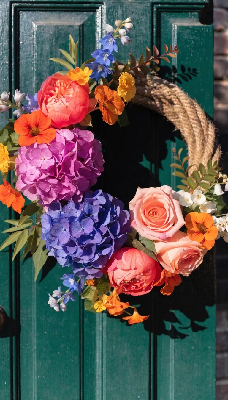 A colorful floral wreath features pink, purple, orange, and blue flowers arranged on a natural rope base, hanging on a green door.