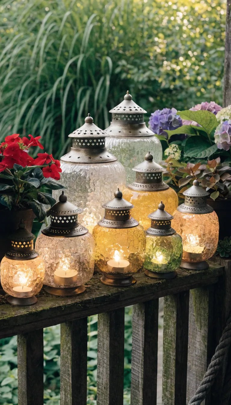 An array of decorative lanterns on a porch railing surrounded by flowers and greenery.