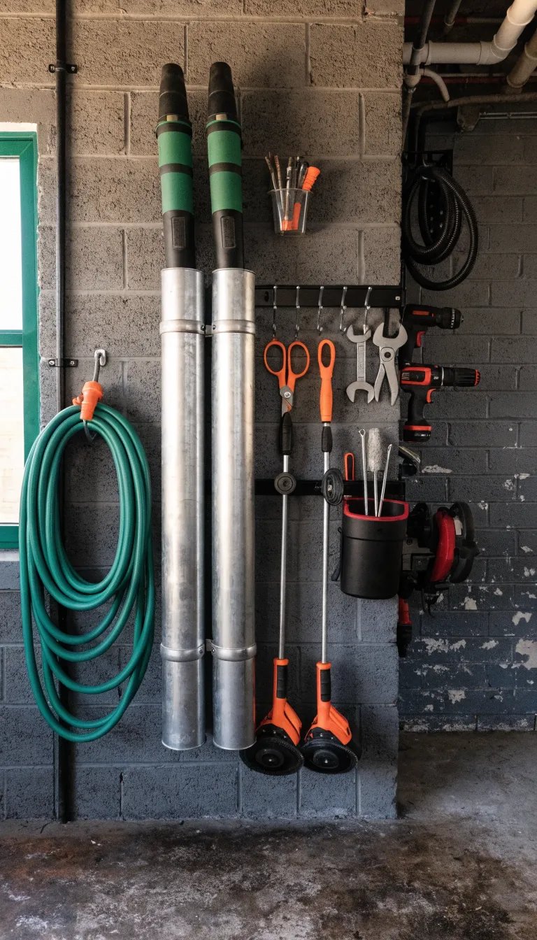 An organized garage wall featuring vertical tool storage.