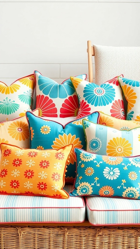 Colorful throw pillows in various patterns arranged on a couch.