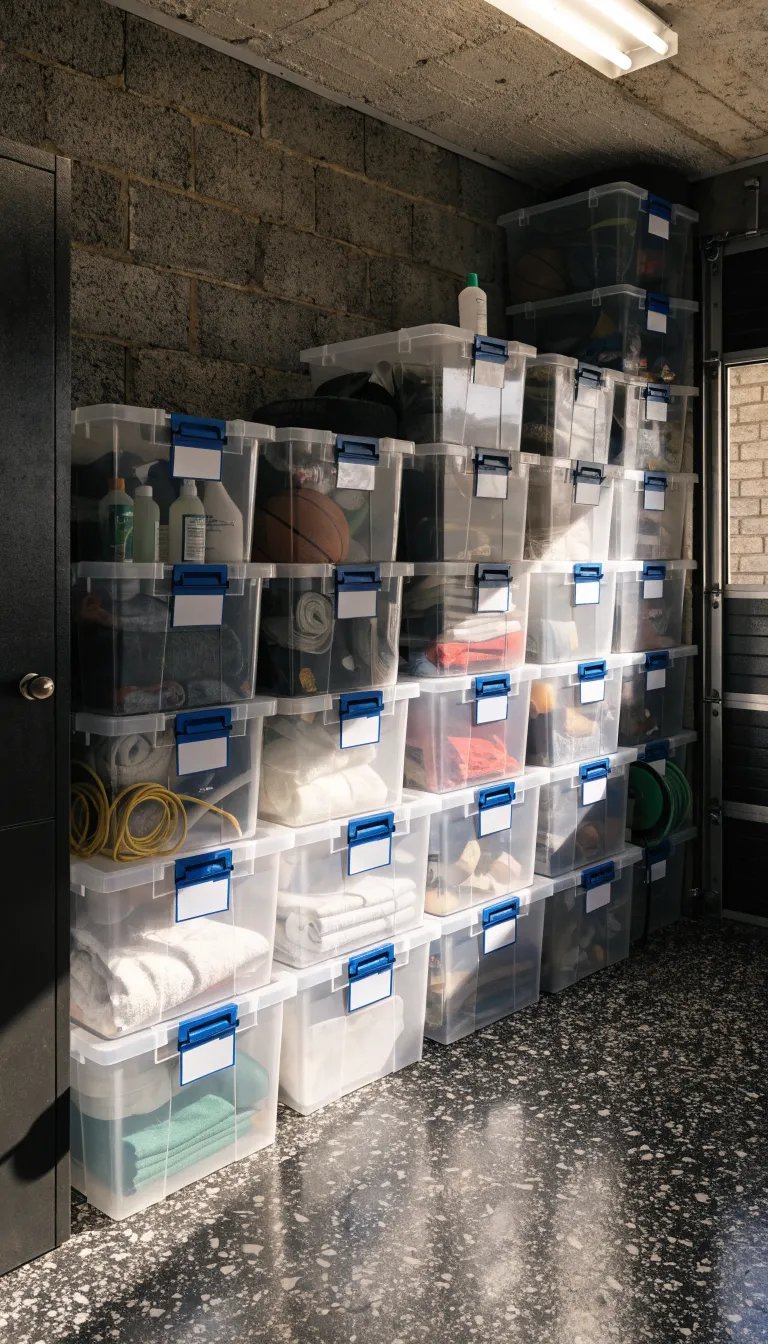A well-organized wall of clear plastic storage bins stacked in a garage.
