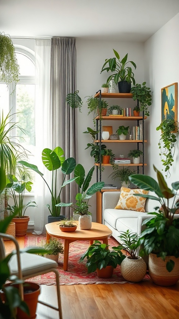 A bright summer living room with a variety of indoor plants, showcasing green foliage and a cozy atmosphere.