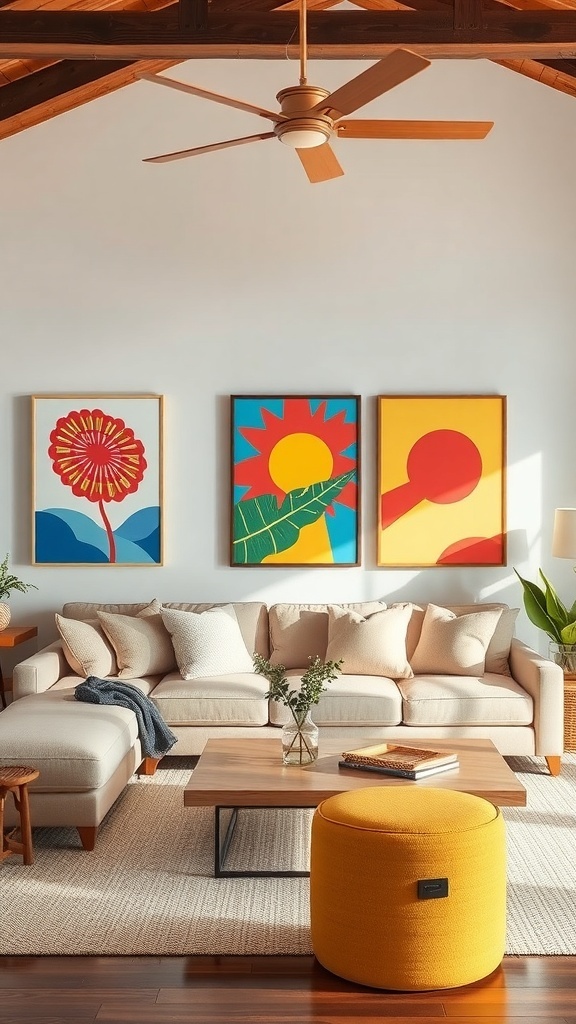 A cozy summer living room with bold artwork, a pink sofa, and wooden accents.